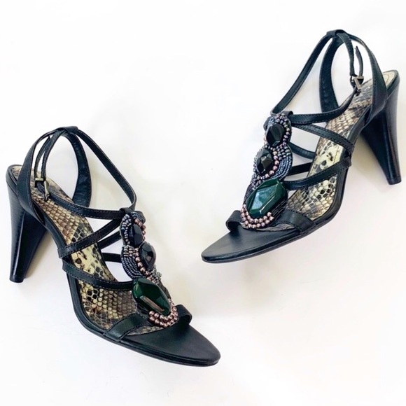 Gianni Bini Stone and Bead Strappy Heel Leather Sandals 8.5 - Picture 2 of 12